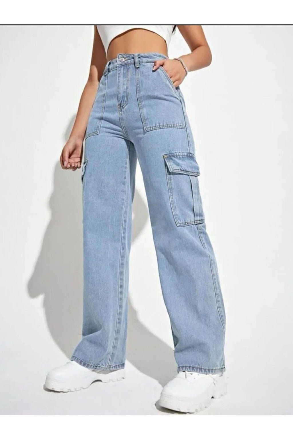 Kadın Mavi Yüksek Bel Kargo Cep Kot Pantolon Mavi Kar Yıkama Kargo Cep Jeans - 0300