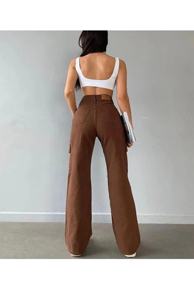 Kadın Kahve Yüksek Bel Kargo Cepli Bol Paça Pantolon - 0309