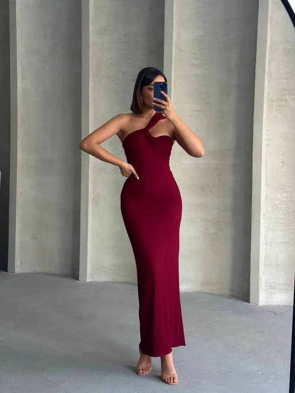 Tek Omuz Bordo Gece - Düğün Nikah Elbisesi - 0293