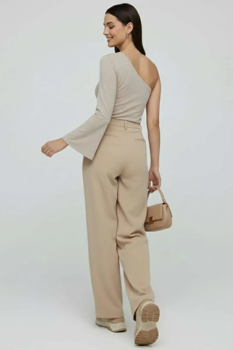 Kadın Asimetrik Yaka Tek Kol Bluz - Vizon Bluz - 0245