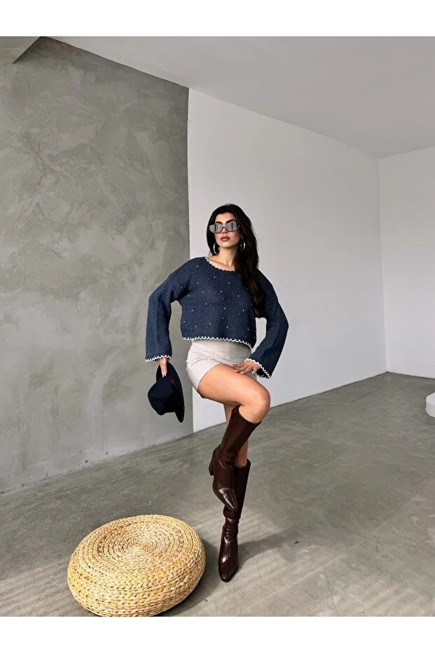 Boncuk Detaylı Reglan Kol Örme Triko Kazak - 0271