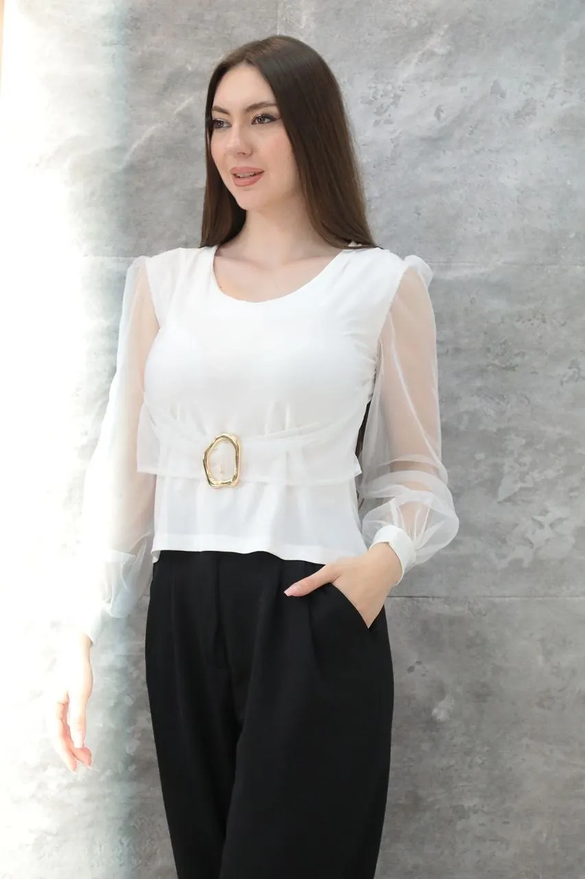 Bisiklet Yaka Tül Detay Bluz - 0259