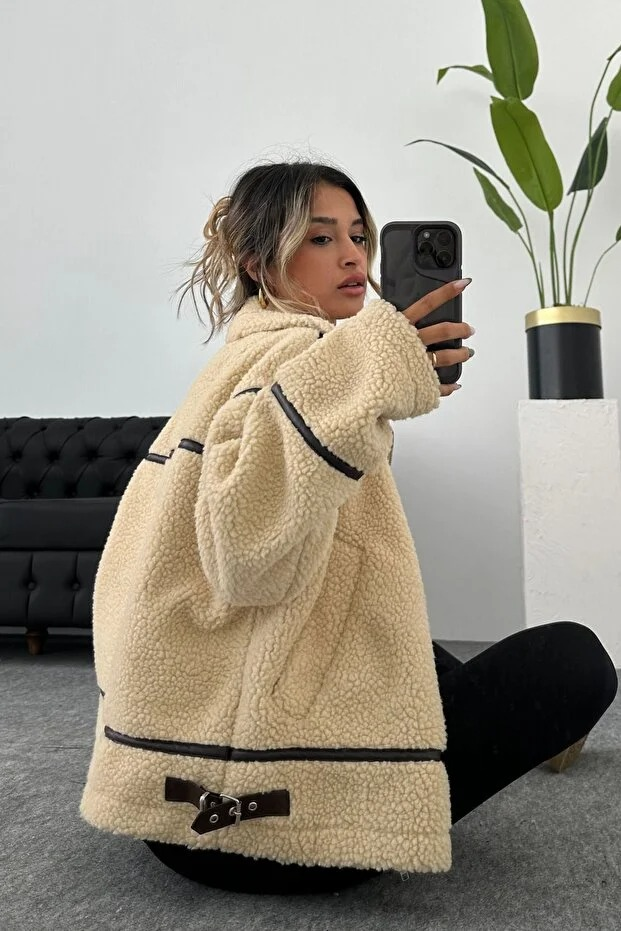 Kadın Çizgi Ve Kemer Detaylı Peluş Ceket - Polar Ceket - 0230