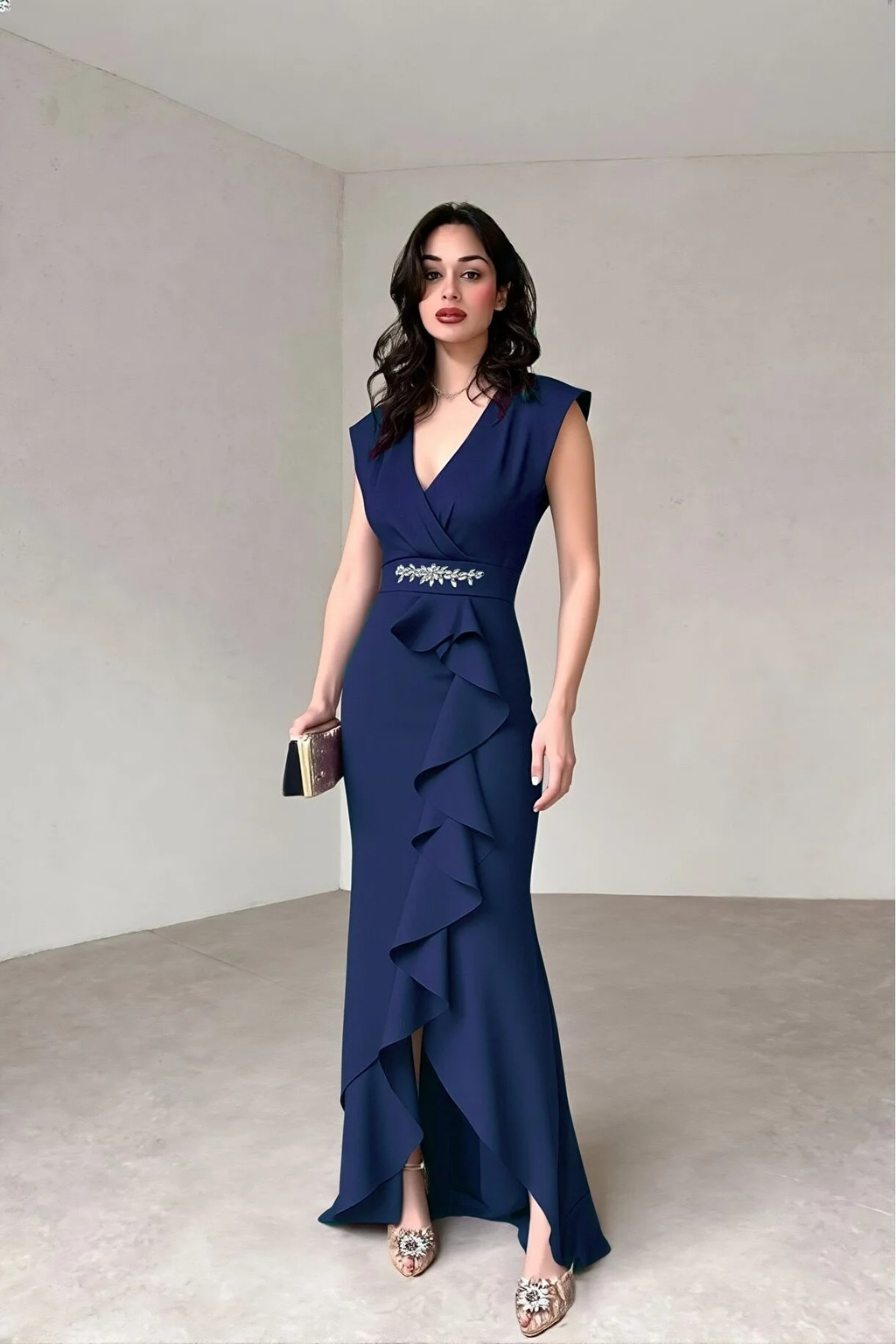 Kadın Lacivert V Yaka Taş Detaylı Volanlı Abiye - Şık Uzun Elbise - 0232