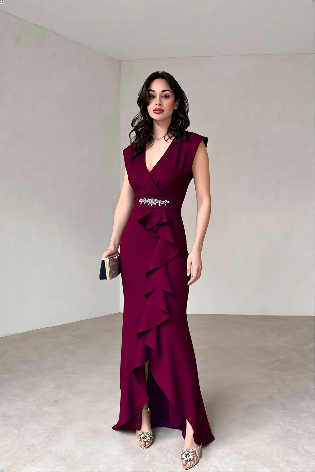 Kadın Bordo V Yaka Taş Detaylı Volanlı Abiye - Şık Uzun Elbise - 0231