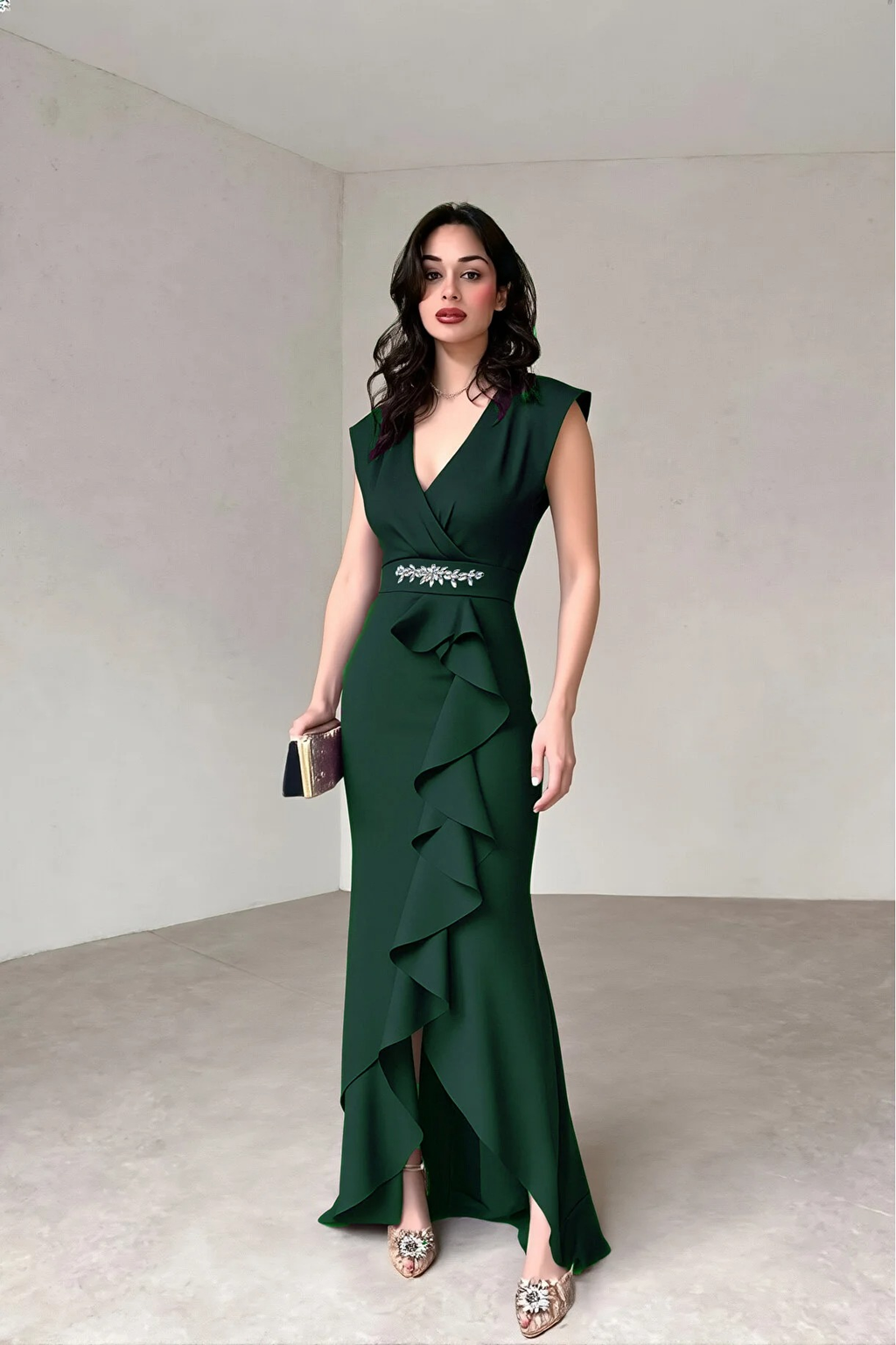 Kadın Zümrüt V Yaka Taş Detaylı Volanlı Abiye - Şık Uzun Elbise - 0235