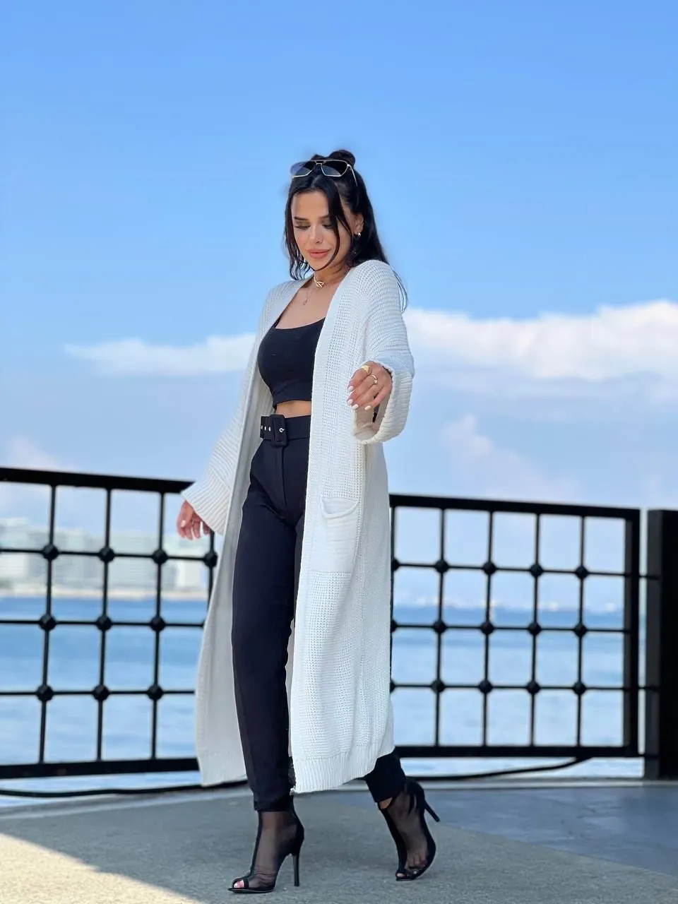 Kadın Cepli Yarasa Kol Uzun Triko Hırka - Beyaz Uzun Ceket - 0240