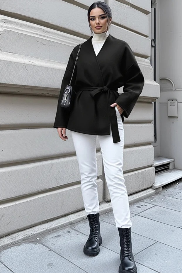 Kadın Belden Bağlamalı Oversize Ceket - Siyah Kaşe Kaban - 0228