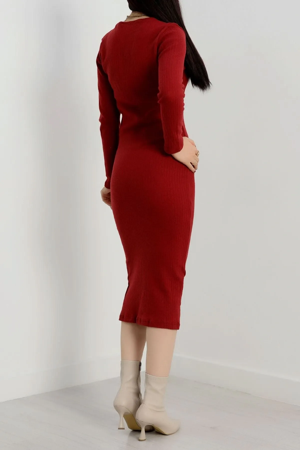 Fermuarlı Fitilli Şardonlu Kış-Bahar Elbise - 0278