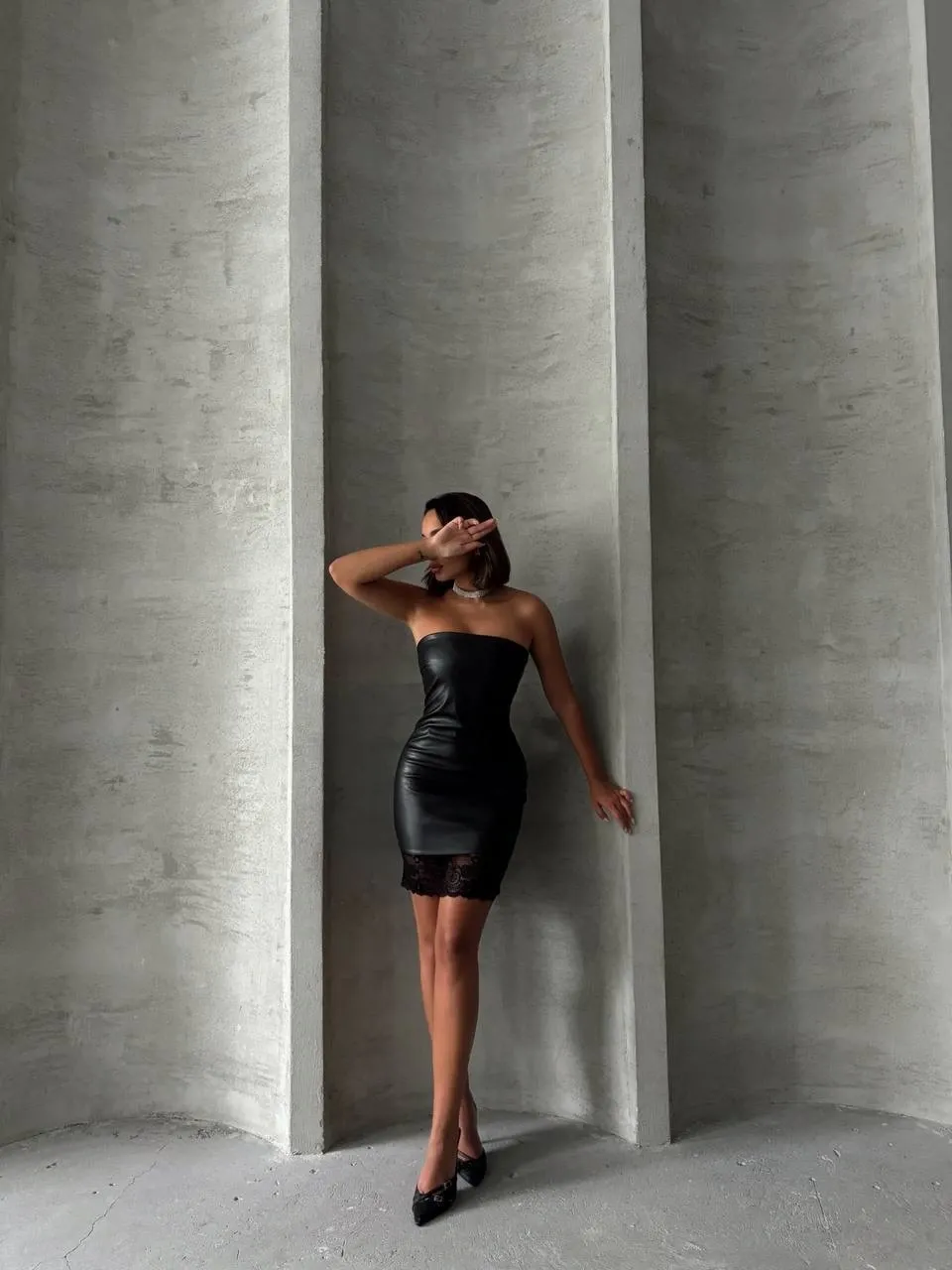 Straplez Dantelli Suni Deri Elbise - 0291