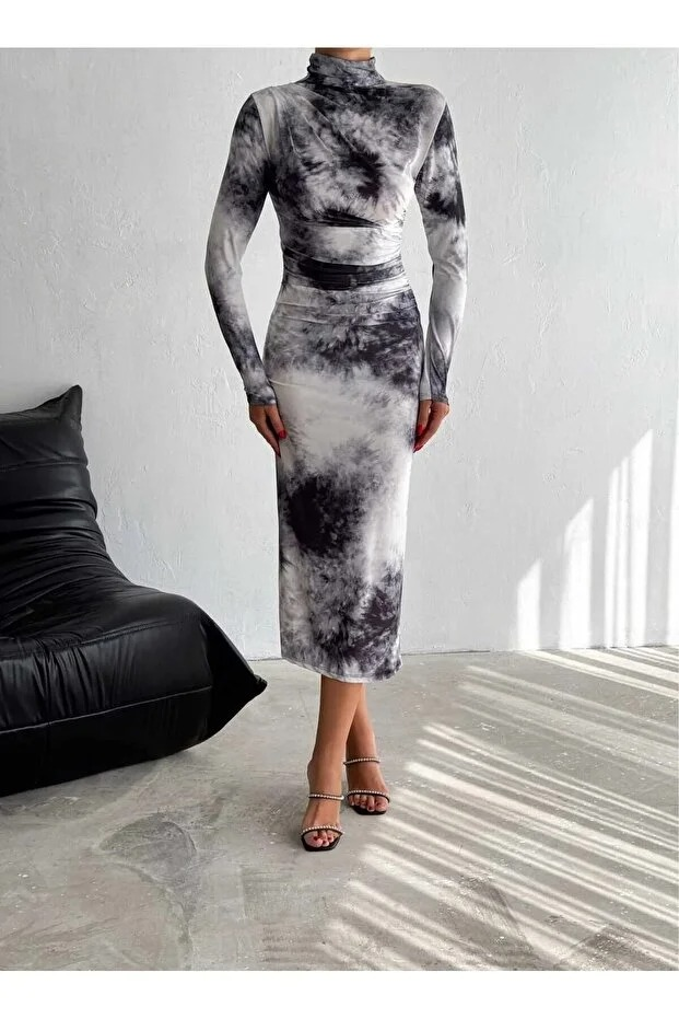 Büzgü Detaylı Sandy Balıkçı Yaka Uzun Kollu Dijital Baskı Uzun Elbise - 0297