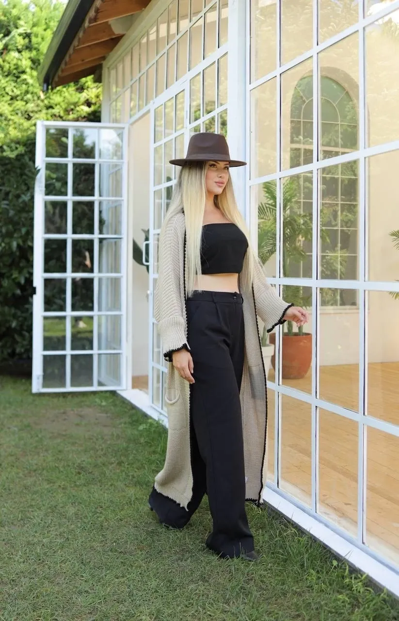 Siyah Biye Detaylı Salaş Uzun Triko Ceket - Kadın Hırka - 0238