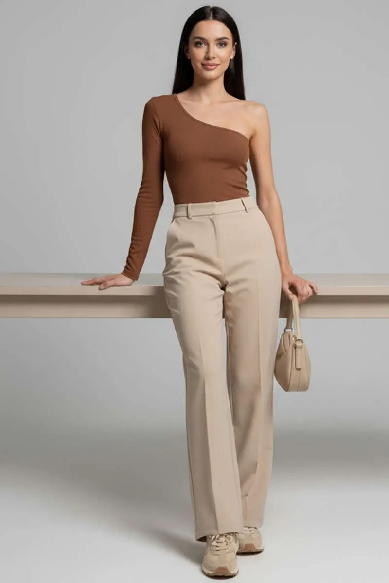 Kadın Asimetrik Yaka Tek Kol Bluz - Kahverengi Bluz - 0244