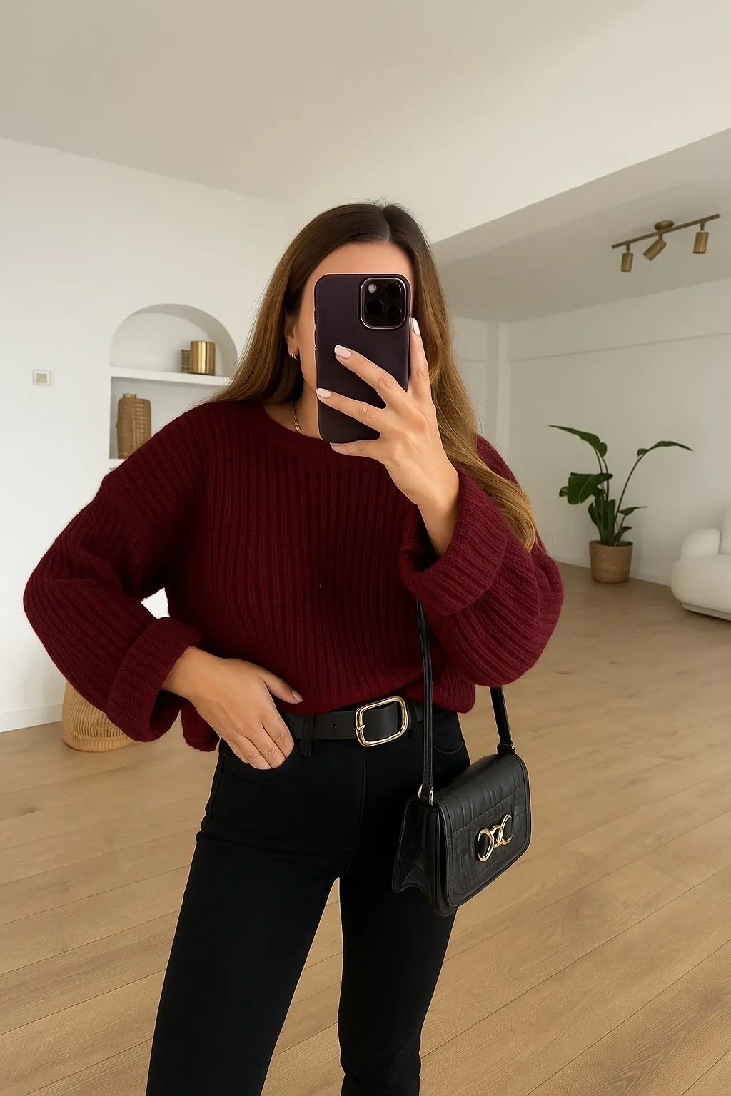 Kadın Oversize Örgü Detaylı Şık Triko Kazak - Bordo Kazak - 0246