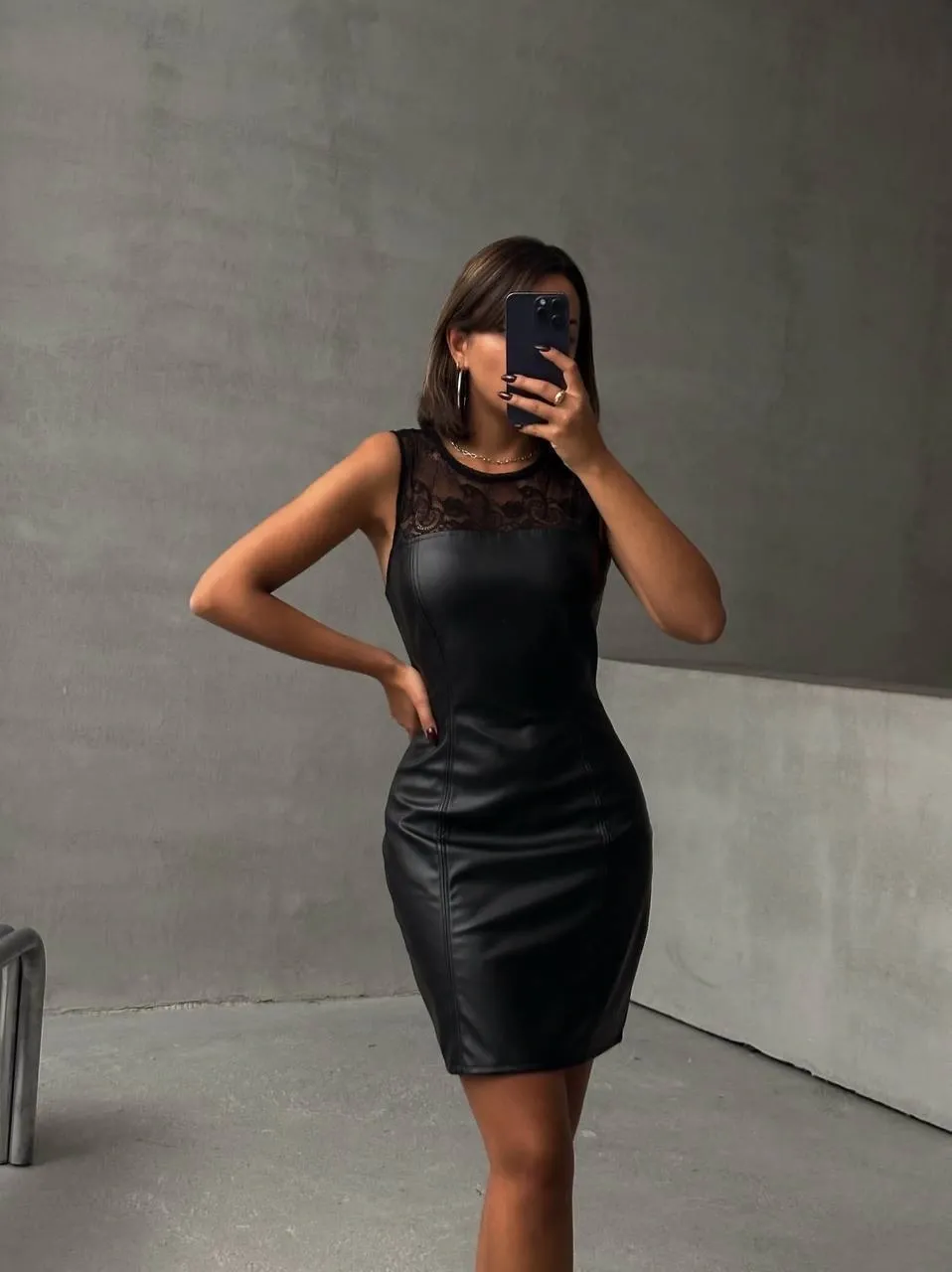 Bisiklet Yaka Dantelli Suni Deri Elbise - 0290