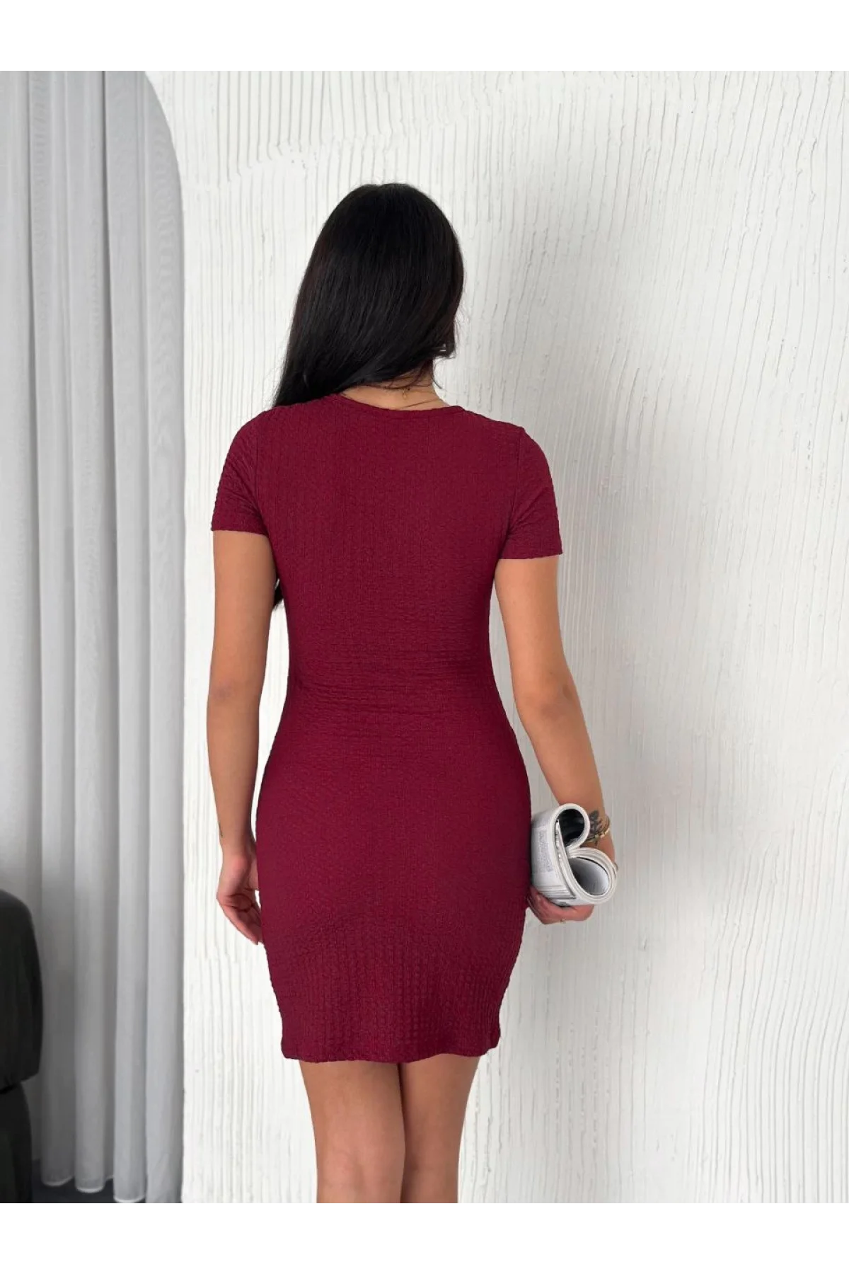 Kadın Bisiklet Yaka Kısa Kol Likralı Elbise - Bordo - 0315