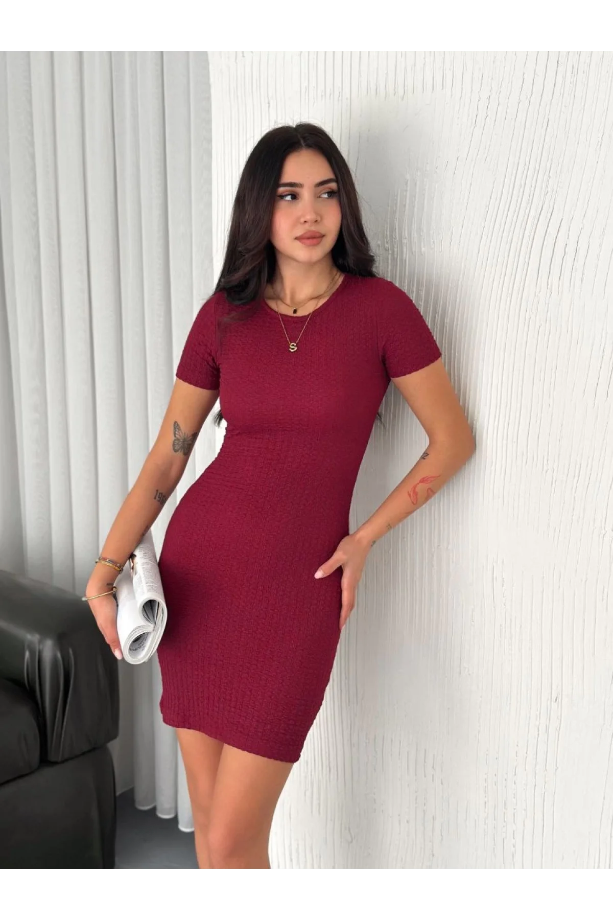 Kadın Bisiklet Yaka Kısa Kol Likralı Elbise - Bordo - 0315