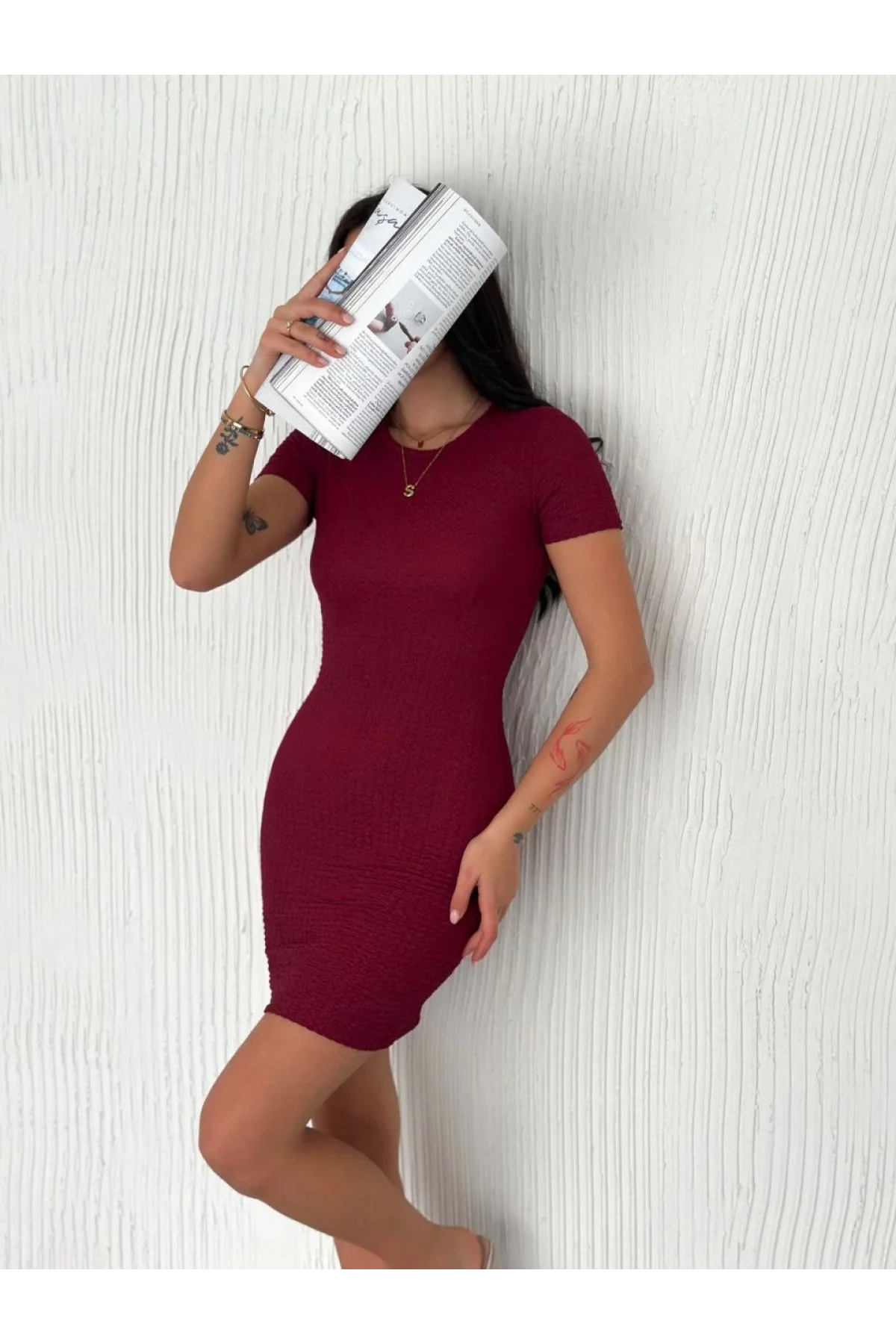 Kadın Bisiklet Yaka Kısa Kol Likralı Elbise - Bordo - 0315