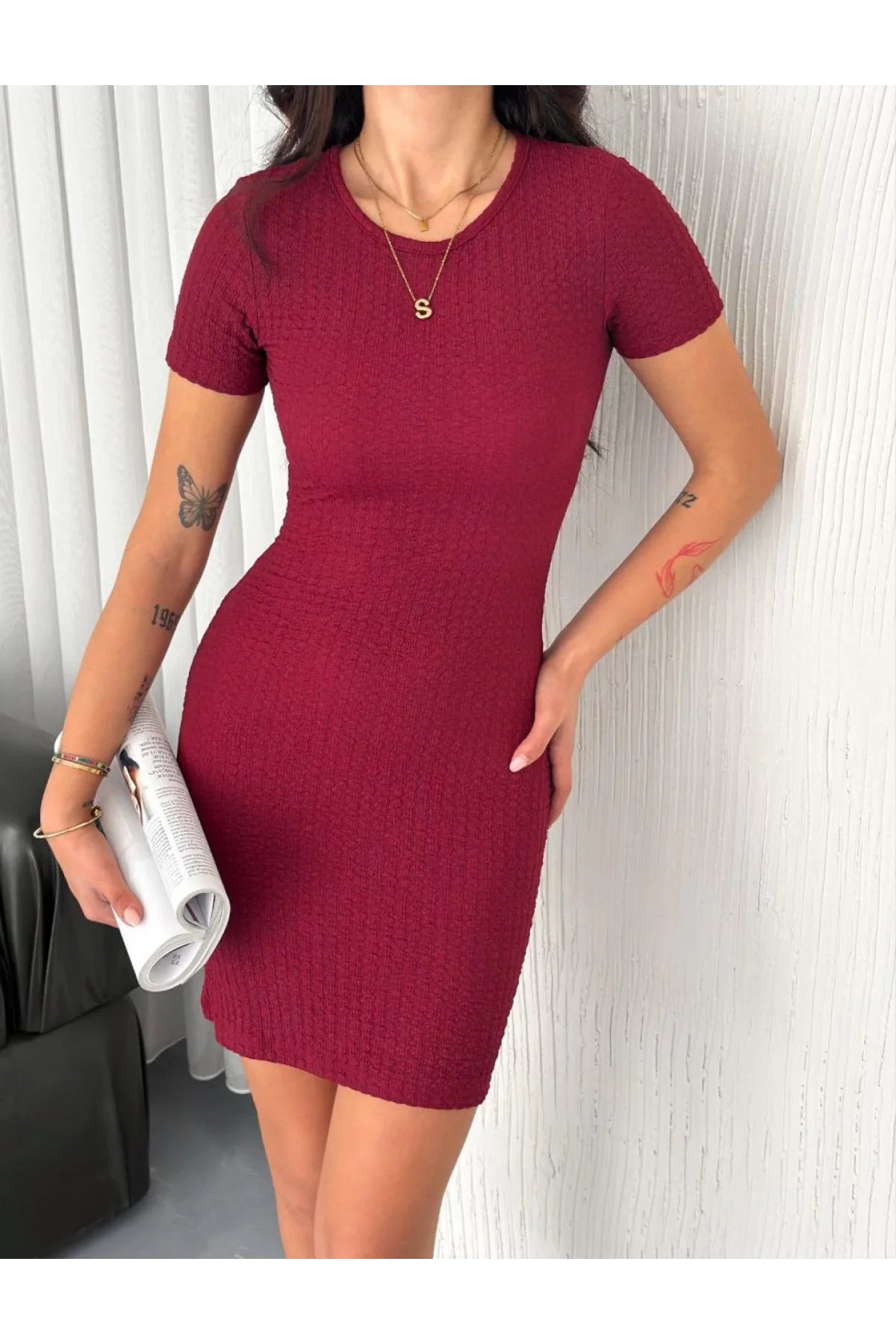 Kadın Bisiklet Yaka Kısa Kol Likralı Elbise - Bordo - 0315