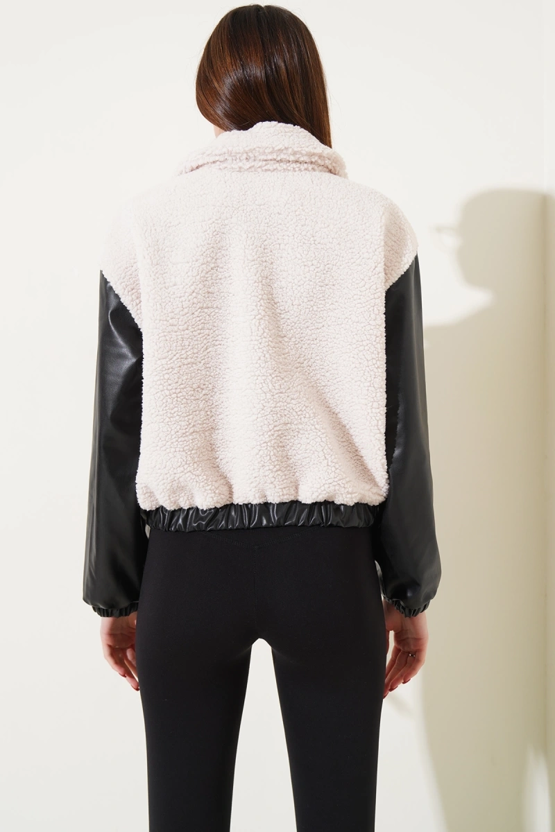 Kolları Deri Cep Detaylı Kuzu Mont - 0164