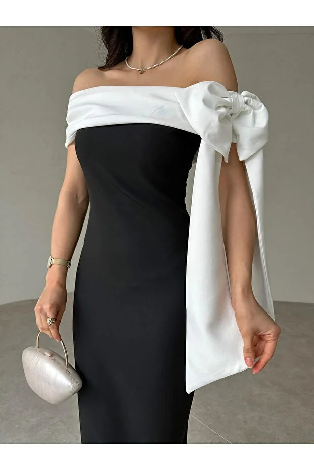 Kurdele Omuz Detaylı Madonna Yaka Özel Gece Elbise - 0226