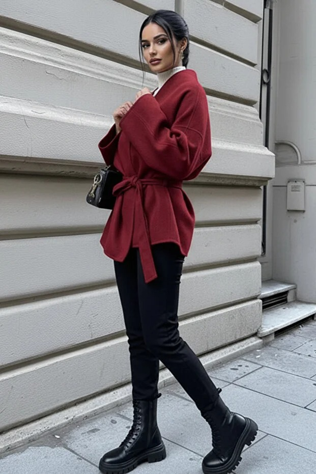 Kadın Belden Bağlamalı Oversize Ceket - Bordo Kaşe Kaban - 0227