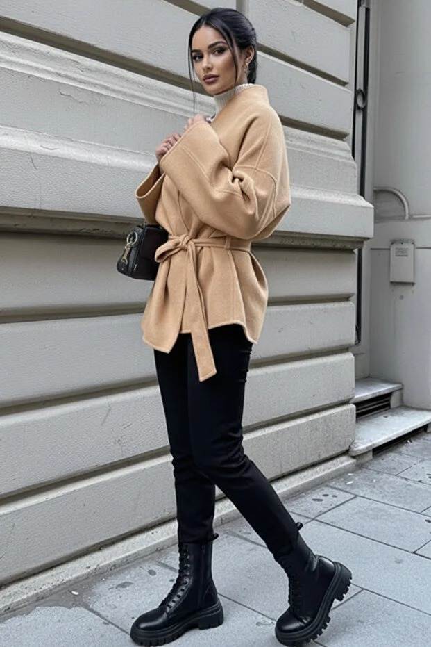 Kadın Belden Bağlamalı Oversize Ceket - Kahverengi Kaşe Kaban - 0229