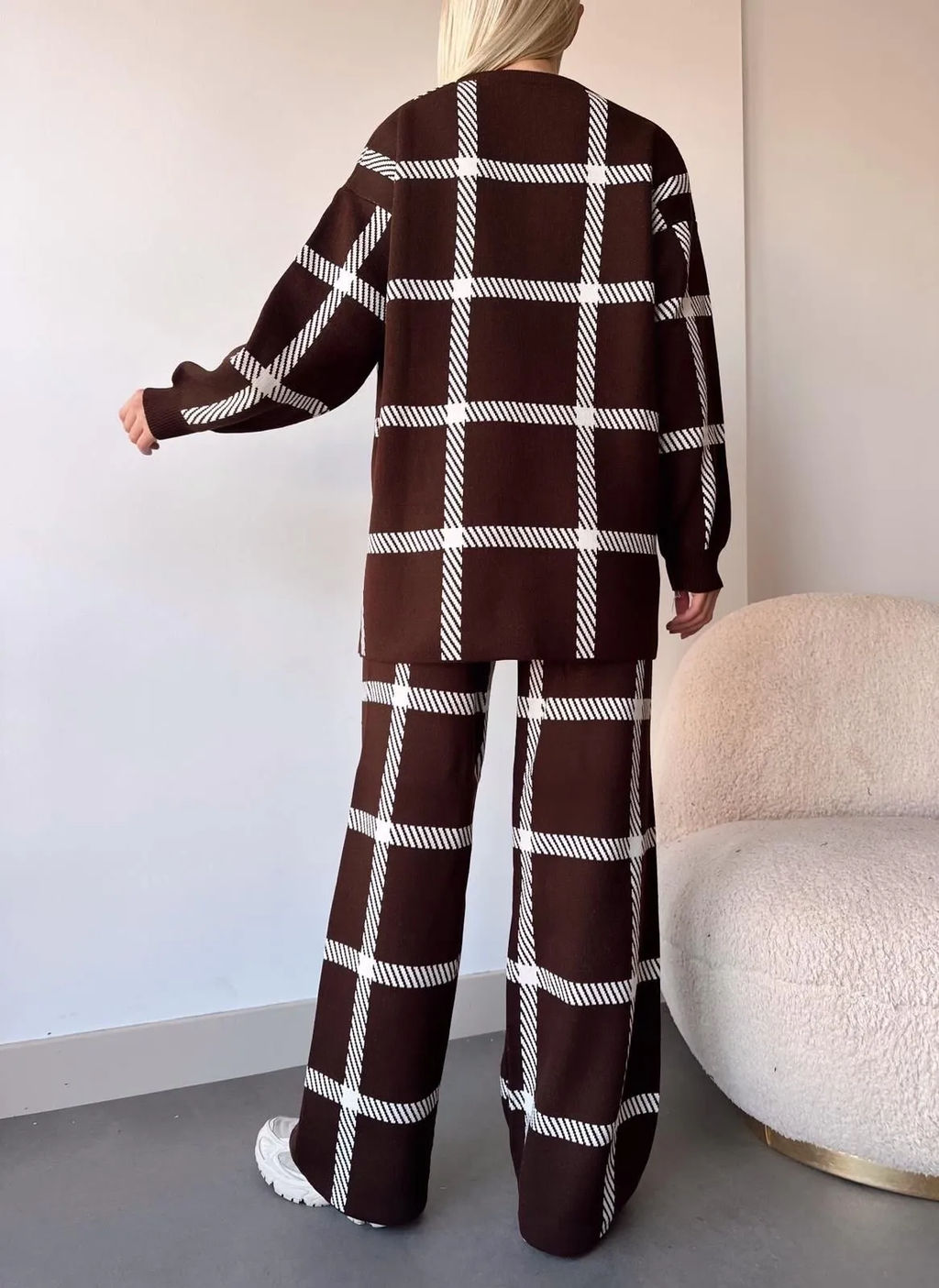 Ekose Desenli Triko İkili Takım Kahve - 0298