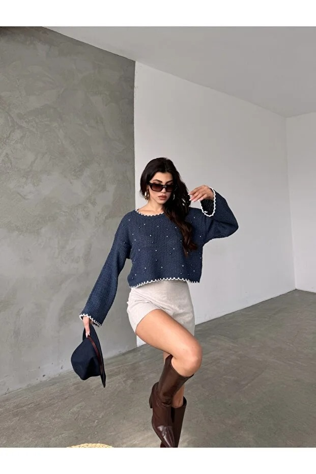 Boncuk Detaylı Reglan Kol Örme Triko Kazak - 0271