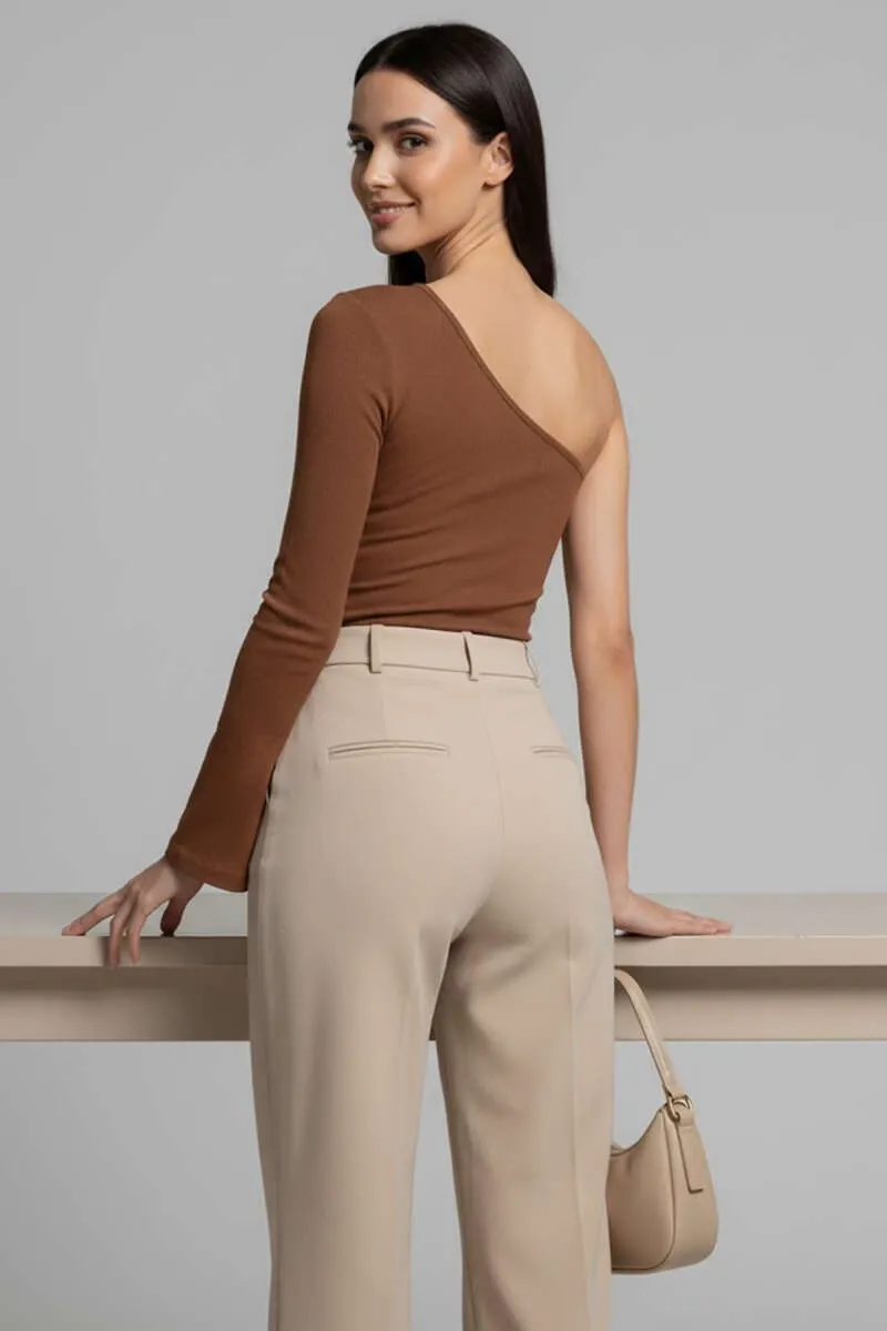 Kadın Asimetrik Yaka Tek Kol Bluz - Kahverengi Bluz - 0244