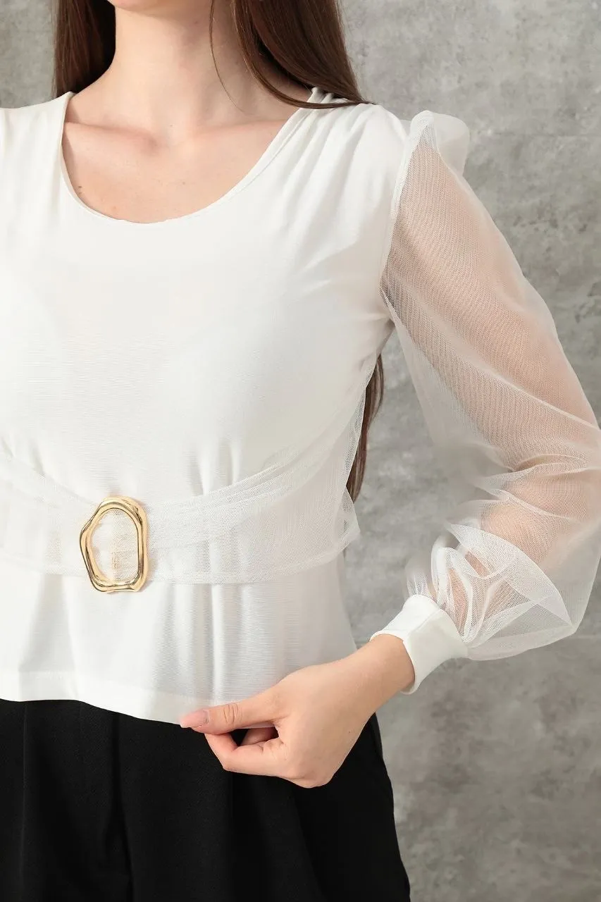 Bisiklet Yaka Tül Detay Bluz - 0259