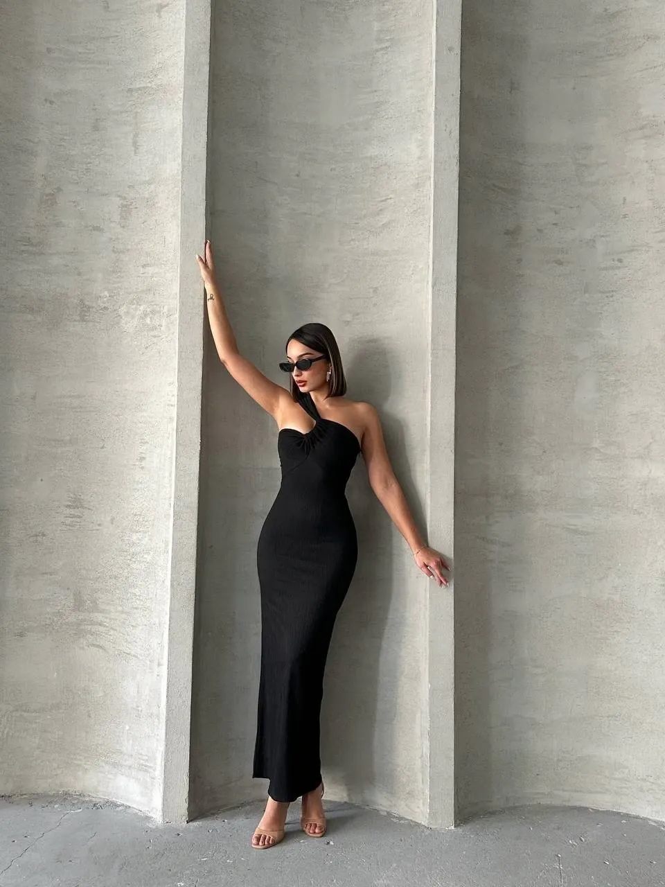 Tek Omuz Siyah Gece - Düğün Nikah Elbisesi - 0294