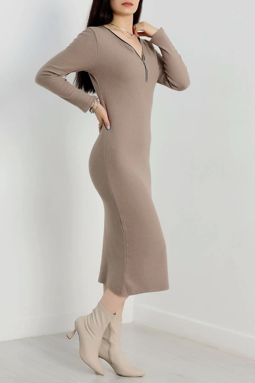 Fermuarlı Fitilli Şardonlu Kış-Bahar Elbise - 0277