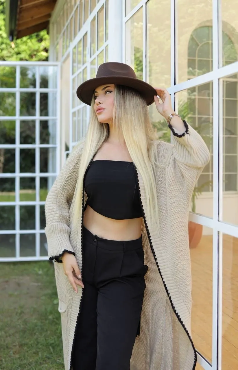 Siyah Biye Detaylı Salaş Uzun Triko Ceket - Kadın Hırka - 0238