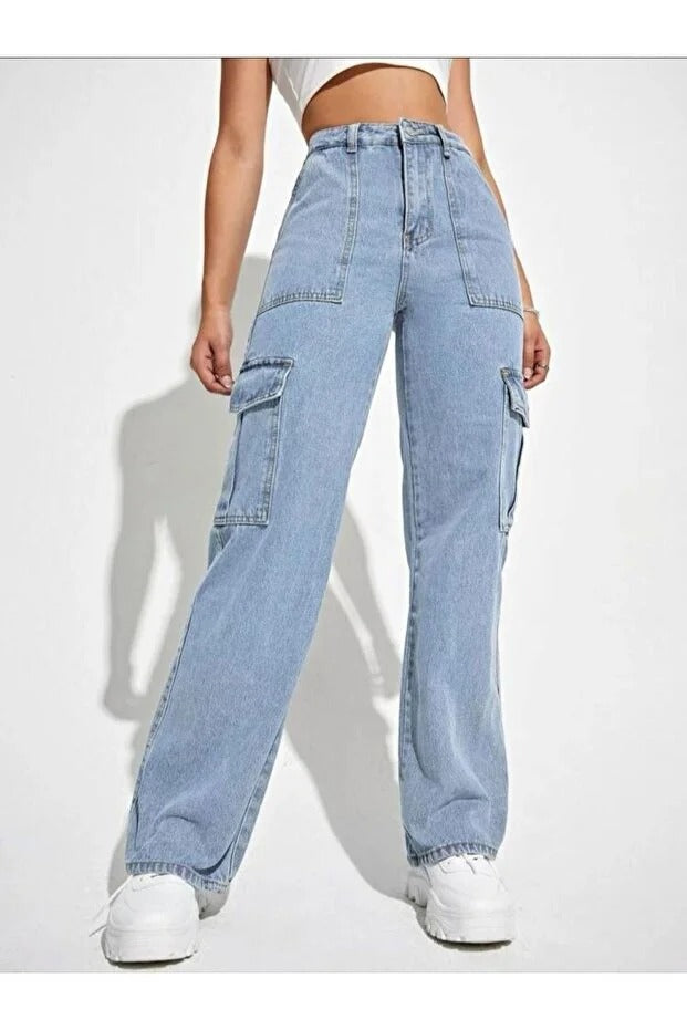 Kadın Mavi Yüksek Bel Kargo Cep Kot Pantolon Mavi Kar Yıkama Kargo Cep Jeans - 0300