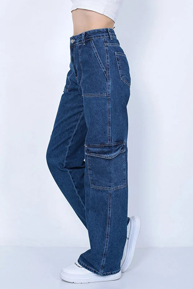 Kadın Koyu Mavi Kargo Cepli Pantolon Jeans -0307