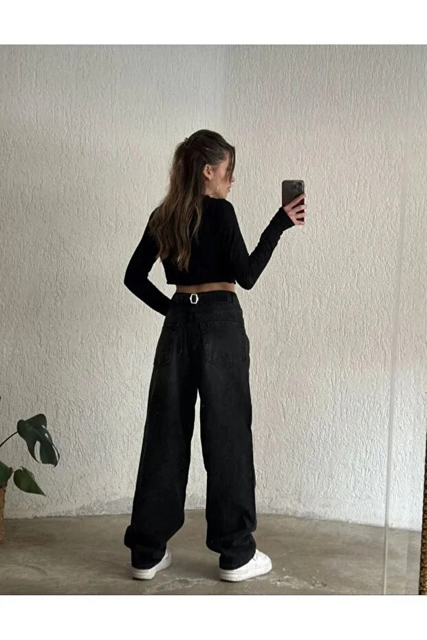 Kadın Haki Yüksek Bel Geniş Paça Kargo Kot Pantolon Kargo Cep Jeans - 0302