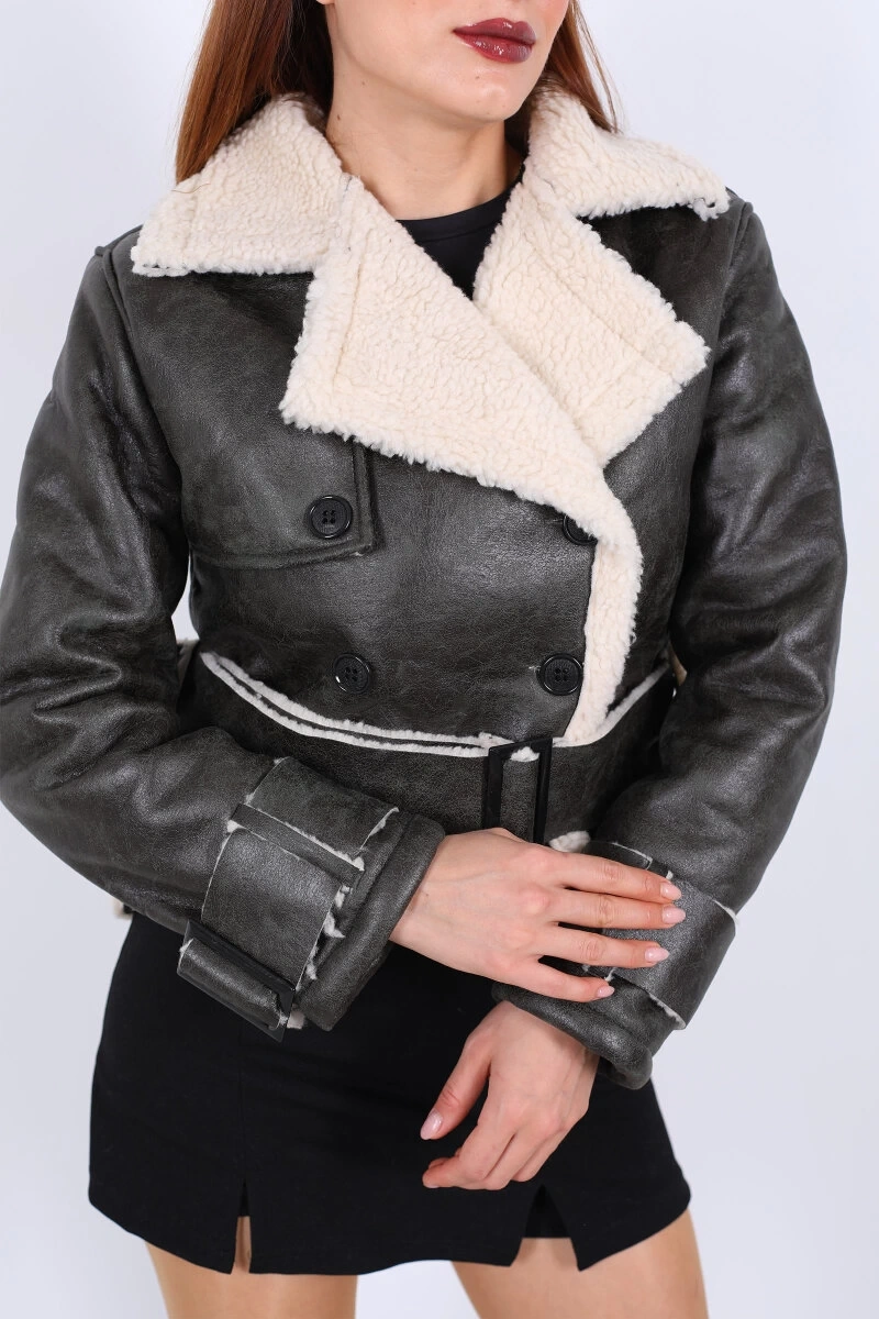 Kemerli Yakası Kürklü Kadın Deri Mont - 0166