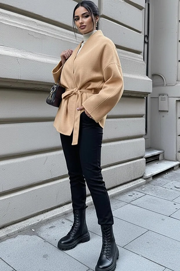 Kadın Belden Bağlamalı Oversize Ceket - Kahverengi Kaşe Kaban - 0229