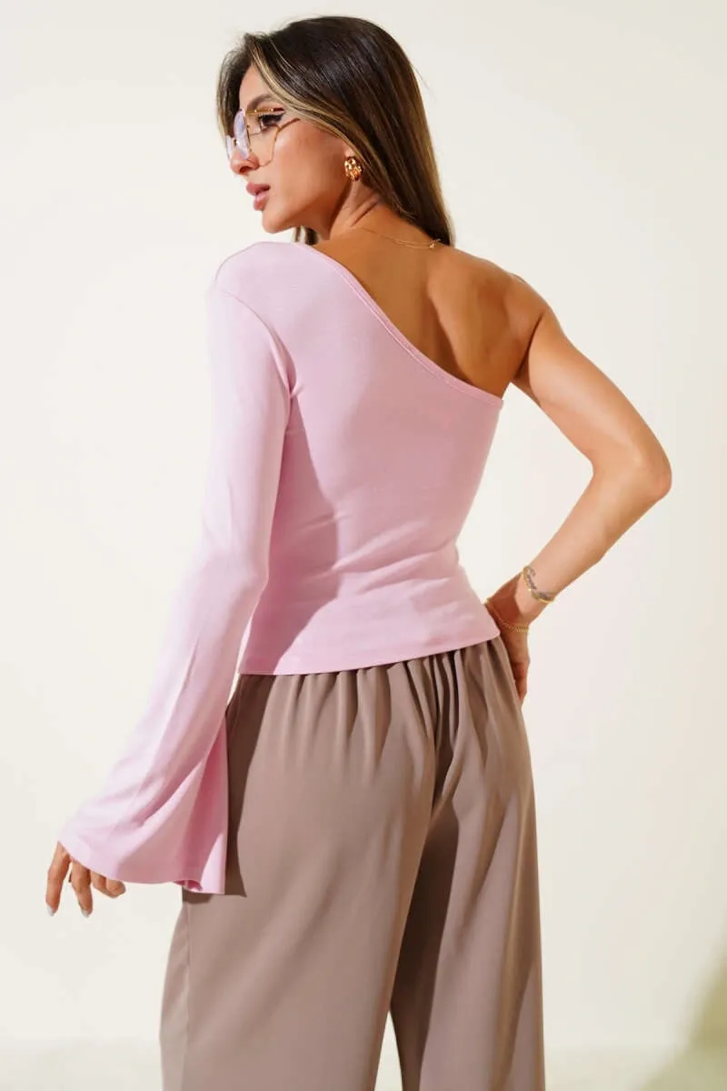 Kadın Asimetrik Yaka Tek Kol Bluz - Pembe Bluz - 0242