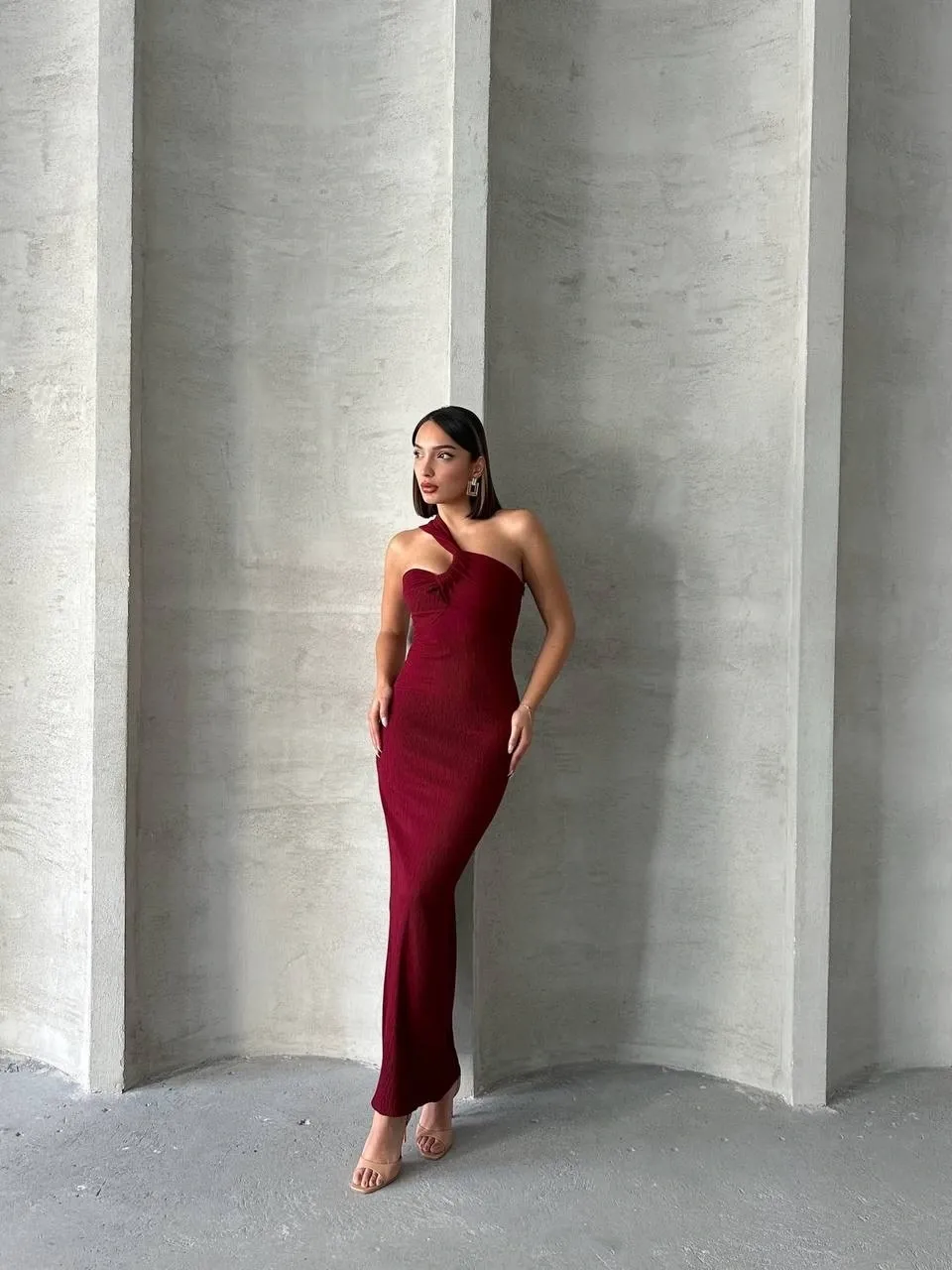 Tek Omuz Bordo Gece - Düğün Nikah Elbisesi - 0293