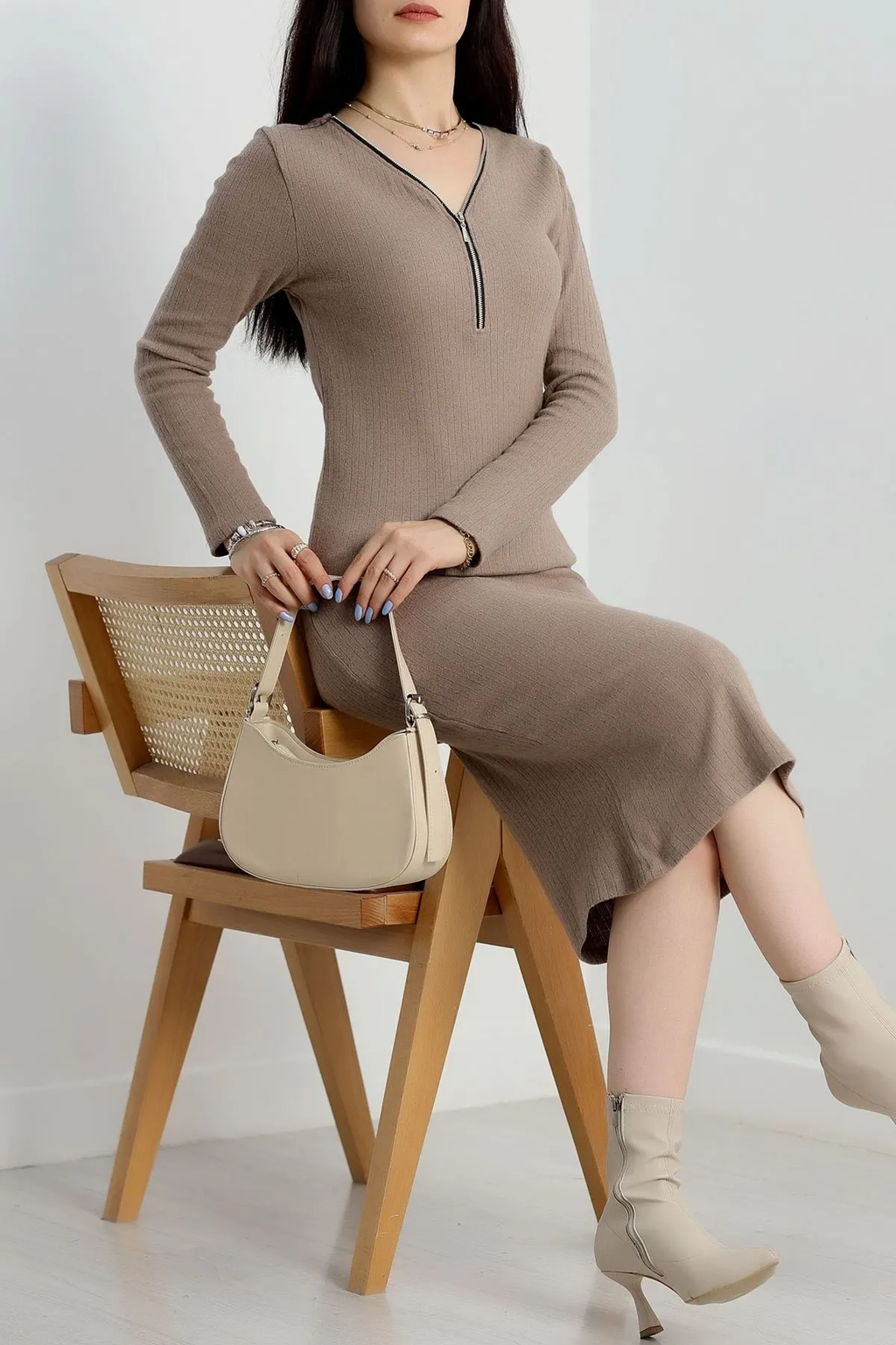 Fermuarlı Fitilli Şardonlu Kış-Bahar Elbise - 0277