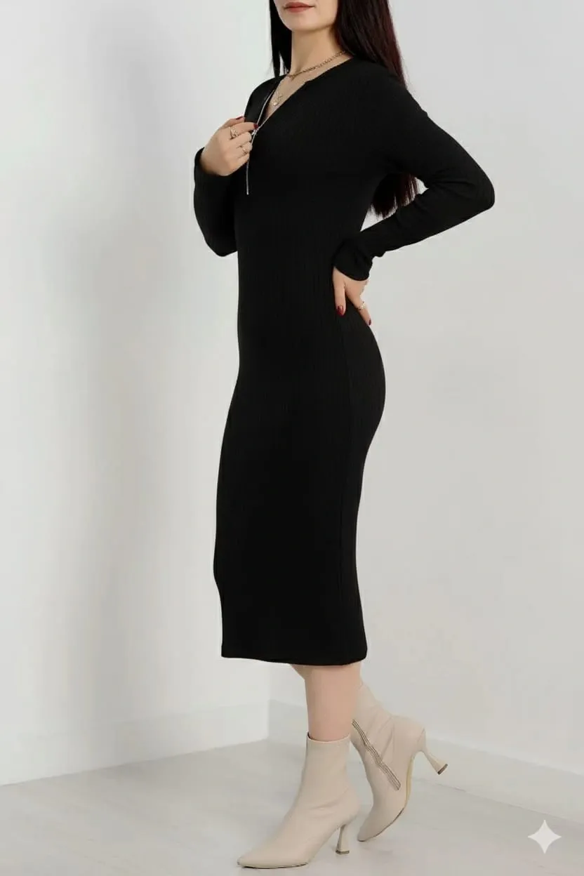 Fermuarlı Fitilli Şardonlu Kış-Bahar Elbise - 0279