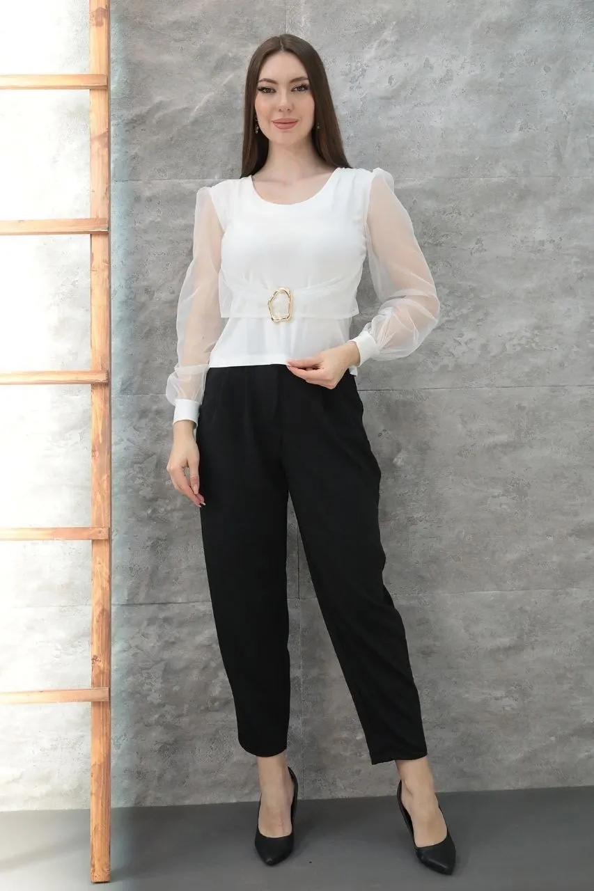 Bisiklet Yaka Tül Detay Bluz - 0259