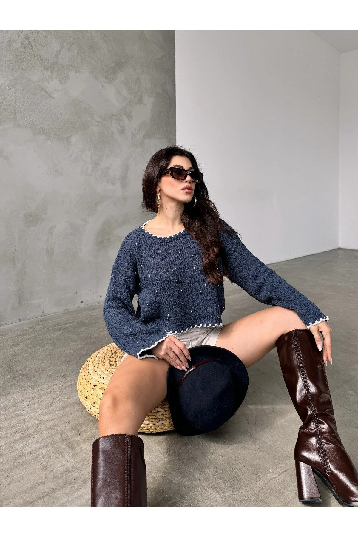 Boncuk Detaylı Reglan Kol Örme Triko Kazak - 0271