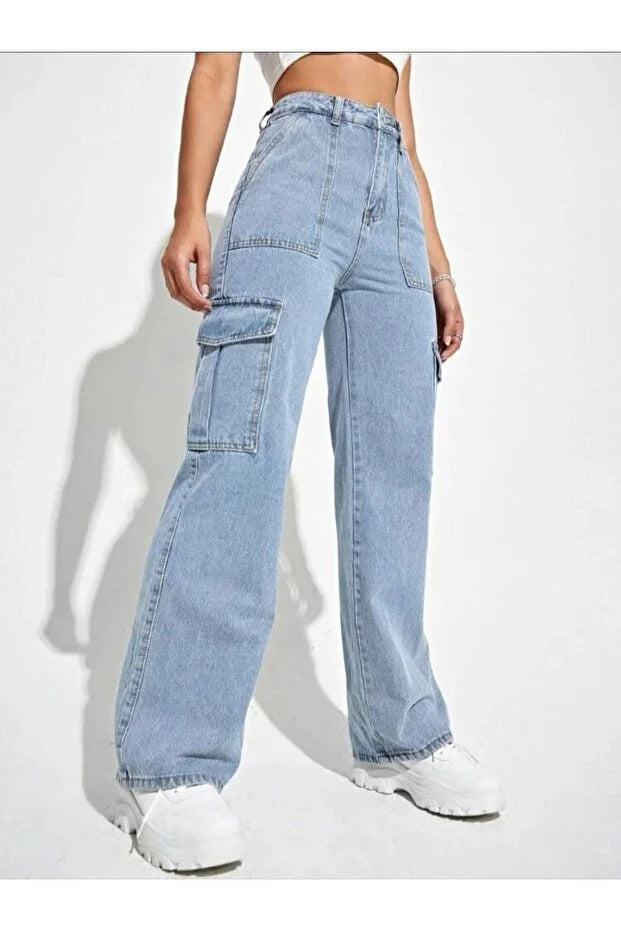 Kadın Koyu Mavi Kargo Cepli Pantolon Jeans -0308