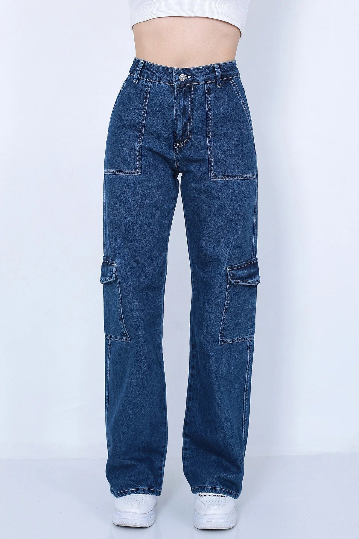 Kadın Koyu Mavi Kargo Cepli Pantolon Jeans -0307