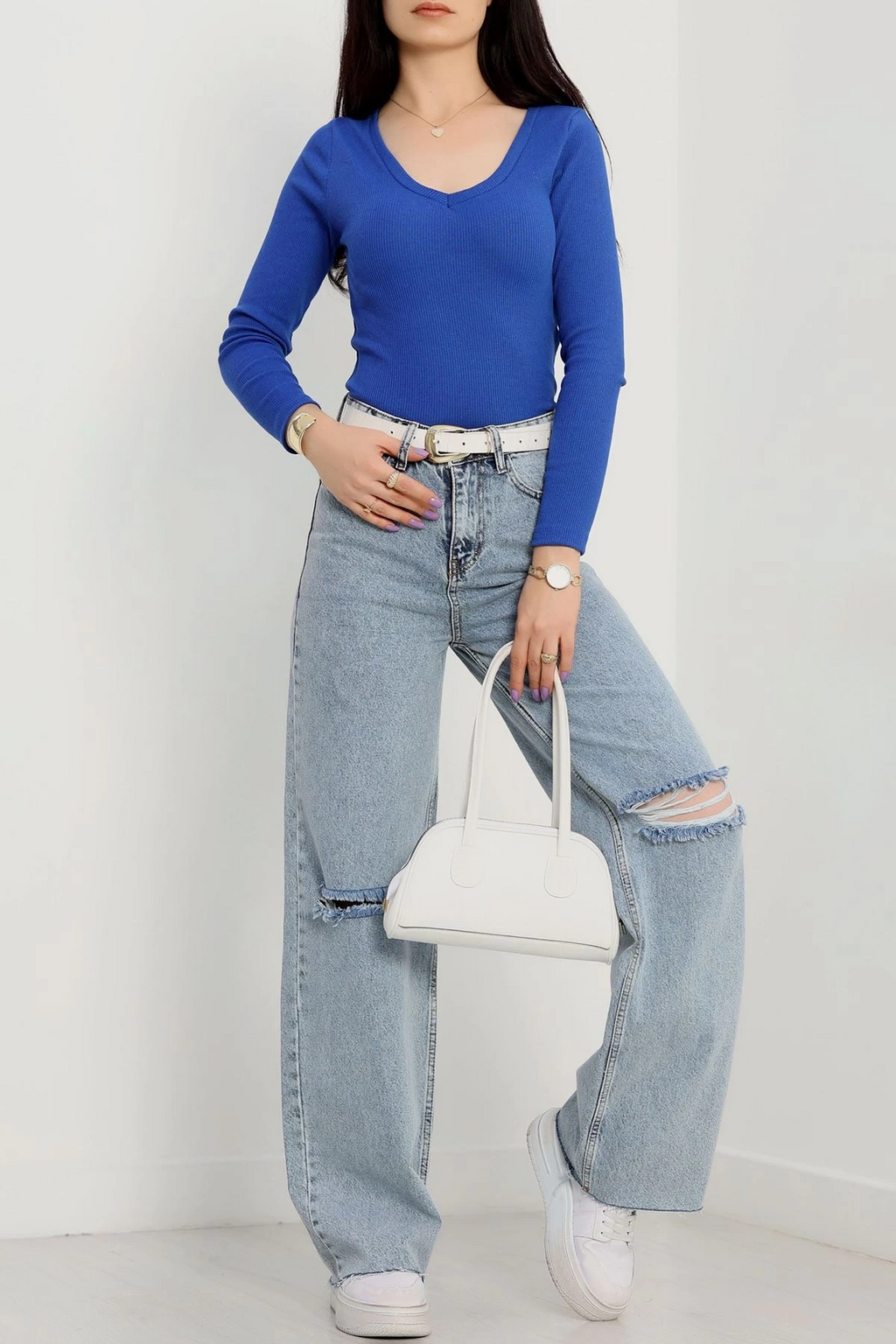 V Yaka Kaşkorse Bluz - 0177