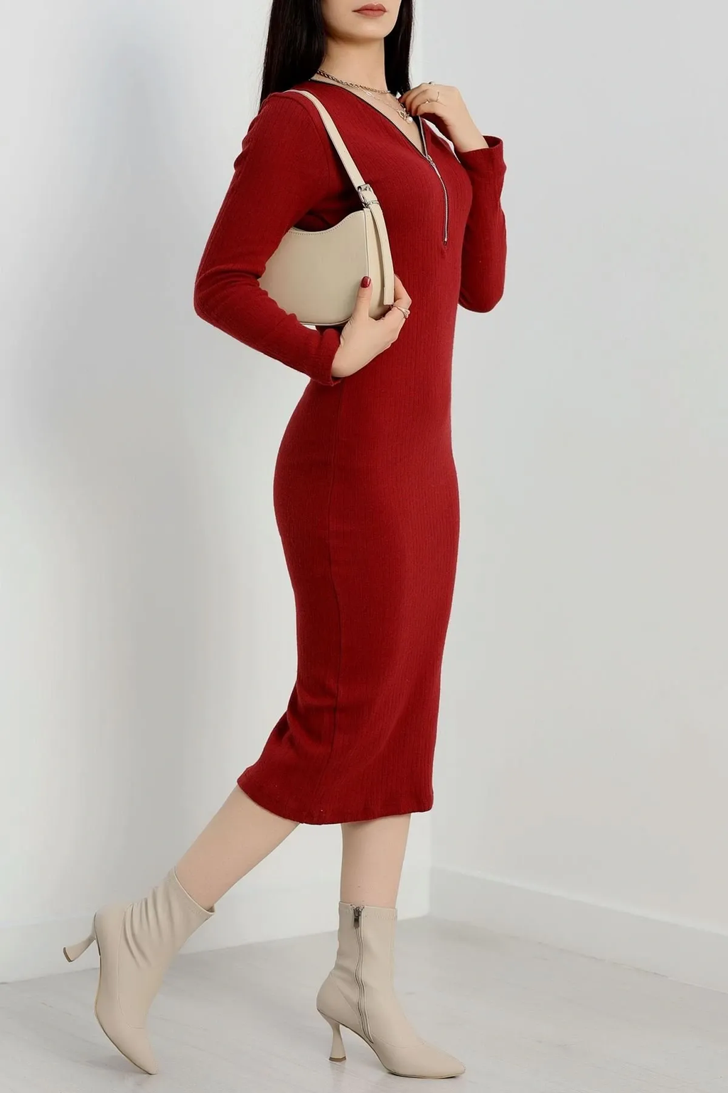 Fermuarlı Fitilli Şardonlu Kış-Bahar Elbise - 0278