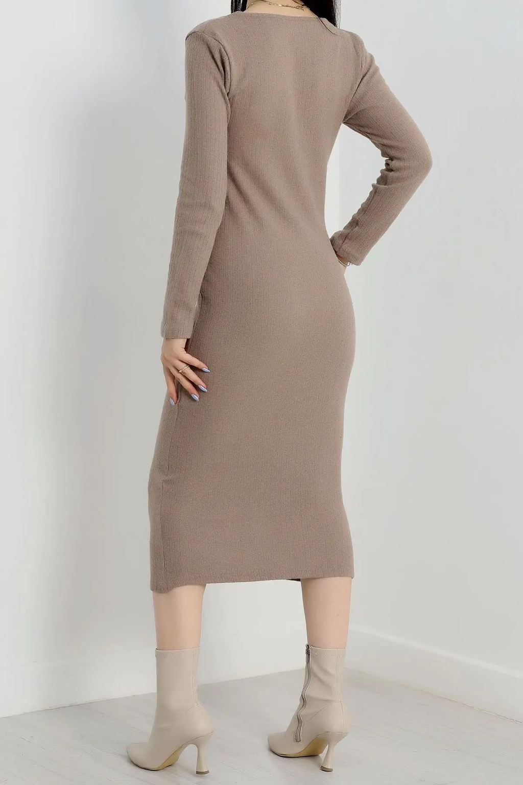 Fermuarlı Fitilli Şardonlu Kış-Bahar Elbise - 0277